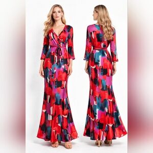 Lunnow Women's Faux Wrap Bodycon Elegan Casual Maxi Dress Size L.